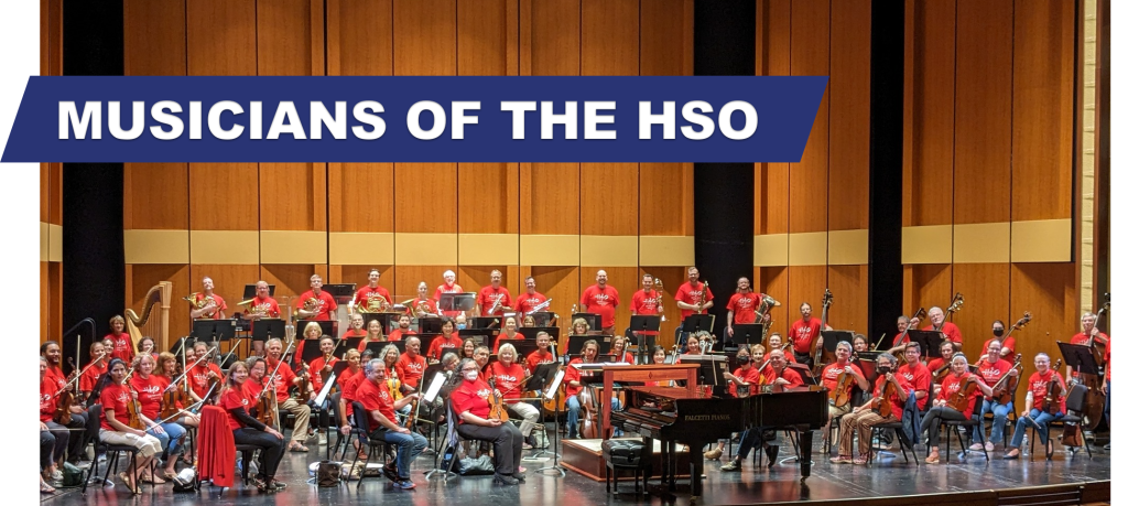 The musicians of the hartford symphony orchestra on a stage with text in white and blue saying musicians of hte hso