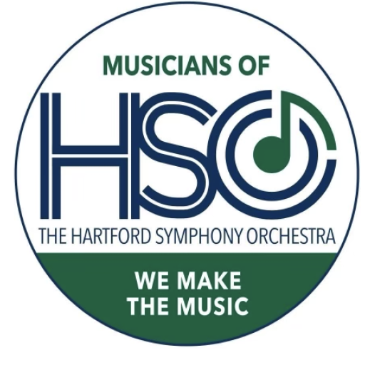 Logo in a circle that says musicians of the hartford symphony orchestra, we make the music